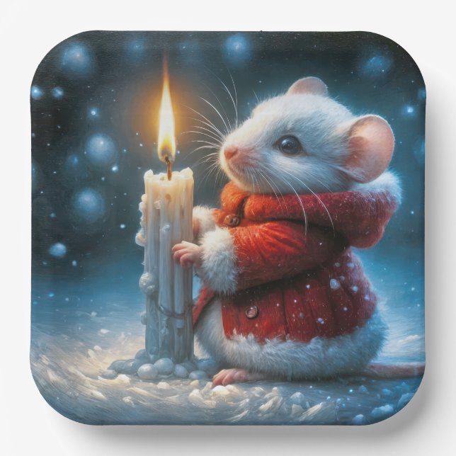 Christmas Mouse With Glowing Candle Paper Plates (Front)
