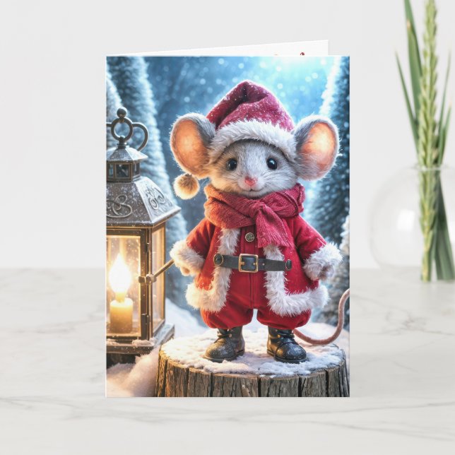 Christmas Mouse With Glowing Lantern Card (Front)