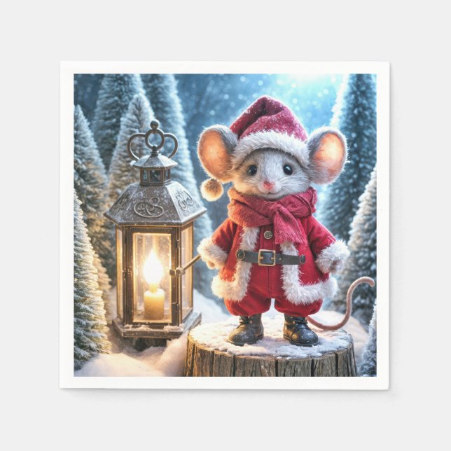 Christmas Mouse With Glowing Lantern Napkins (Front)