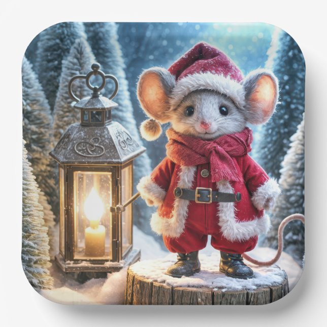 Christmas Mouse With Glowing Lantern Paper Plates (Front)
