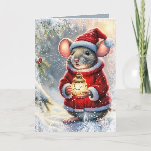 Christmas Mouse With Glowing Ornament Holiday Card (Front)
