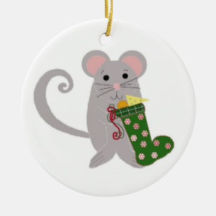 Christmas Mouse with Green Stocking Ceramic Ornament
