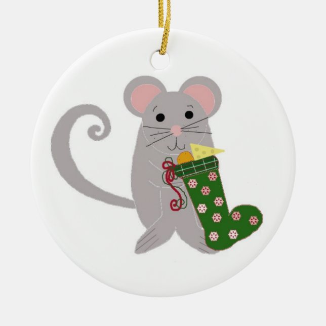 Christmas Mouse with Green Stocking Ceramic Ornament (Front)