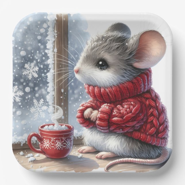 Christmas Mouse With Steaming Hot Cocoa Paper Plates (Front)