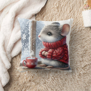 Christmas Mouse With Steaming Hot Cocoa Throw Pillow