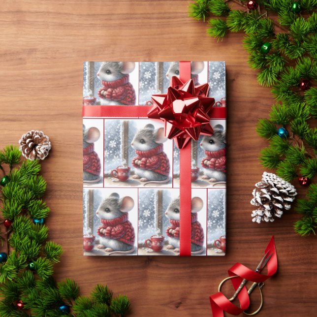 Christmas Mouse With Steaming Hot Cocoa Wrapping Paper (Holiday Gift)