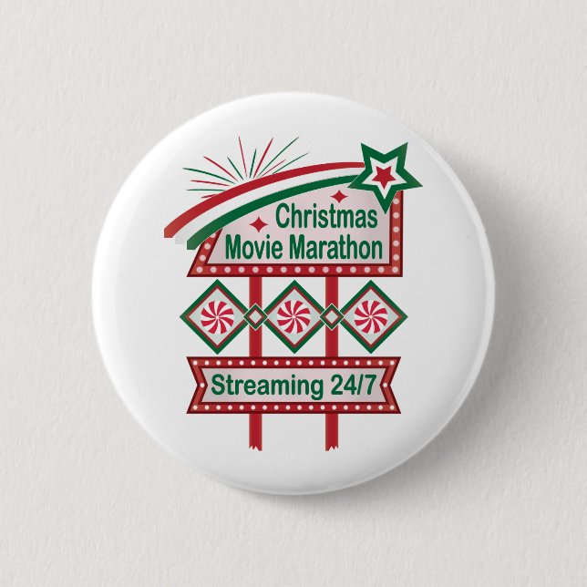 Christmas Movie Marathon Retro Marquee Festive Button (Front)