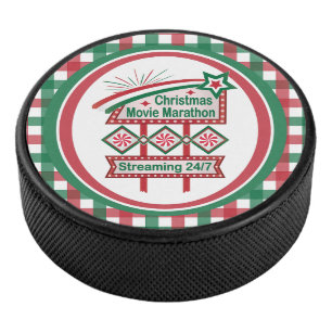 Christmas Movie Marathon Retro Marquee Festive Hockey Puck