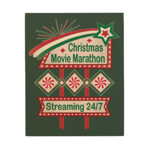 Christmas Movie Marathon Retro Marquee Festive Wood Wall Art