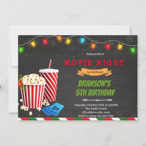 Christmas movie night birthday party invitation
