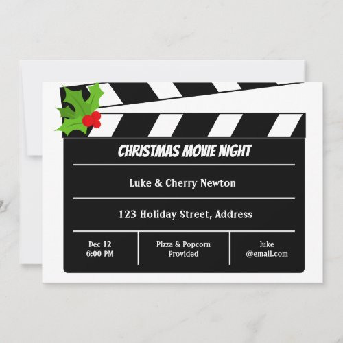 Christmas Movie Night Film Clapboard Holly Berry Invitation