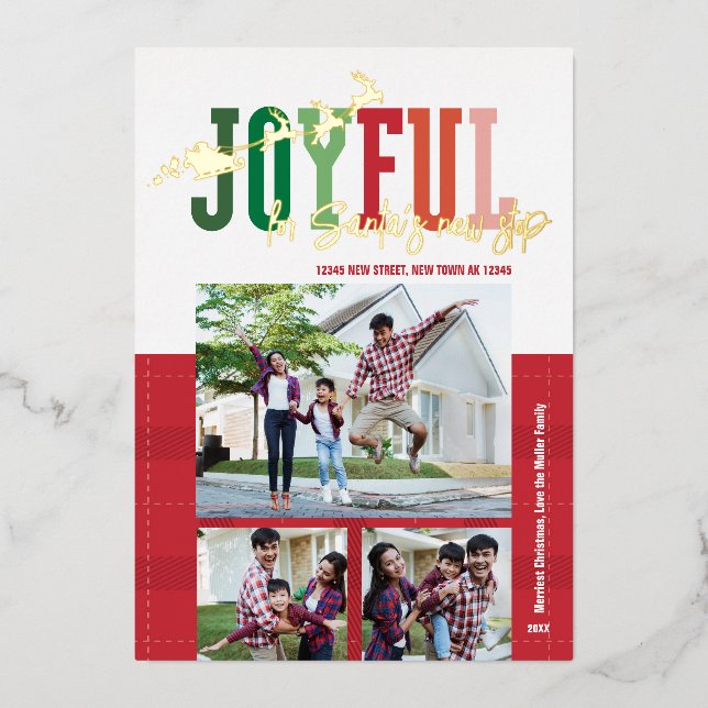 Christmas Moving Announcement, Santa's New Stop Foil Holiday Card (Front)