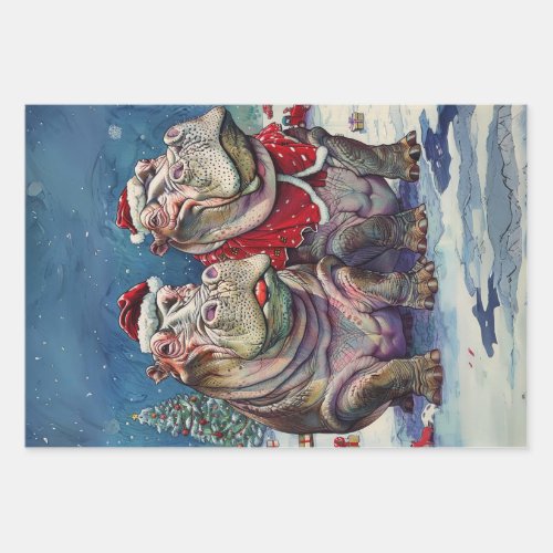 Christmas Mr  Mrs Hippo Decoupage  Wrapping Paper Sheets