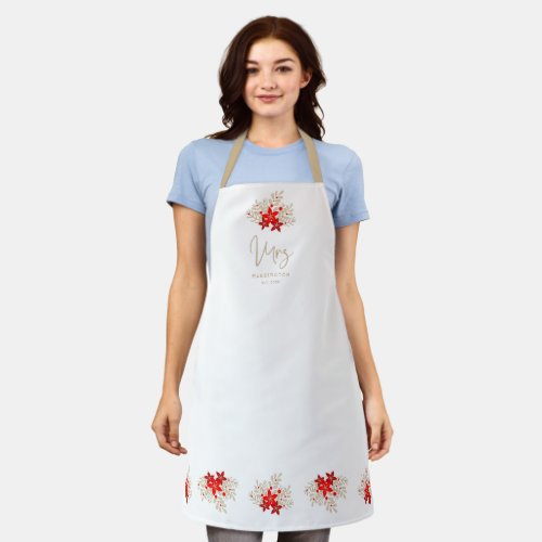 Christmas MRS Holly Branches Poinsettias Bouquet Apron