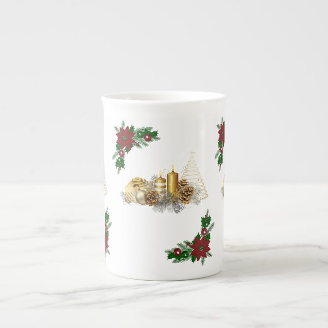 Christmas Mug, Christmas Gold Candle Bone China Mug (Front)