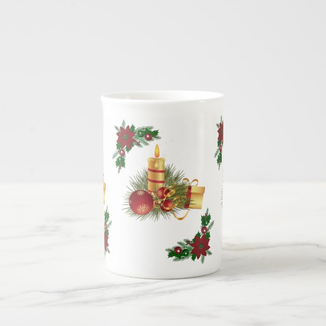 Christmas Mug, Christmas Red Gold Candle Bone China Mug (Front)