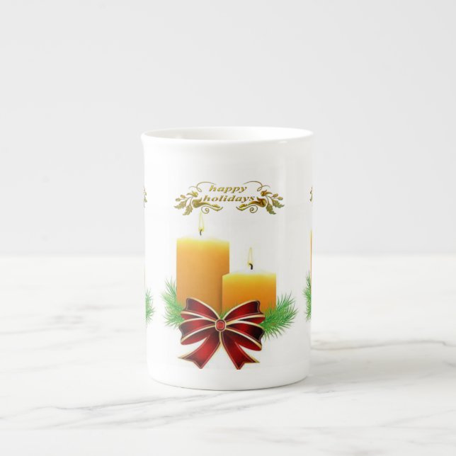 Christmas Mug, Happy Holidays, Christmas Candle Bone China Mug (Front)