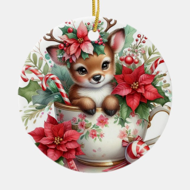 Christmas Mug Reindeer 6 Ceramic Ornament (Front)