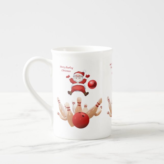 Christmas Mug, Santa, Merry Christmas Bowling Bone China Mug (Left)