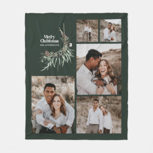 Christmas multi photo botanical dark green rustic fleece blanket