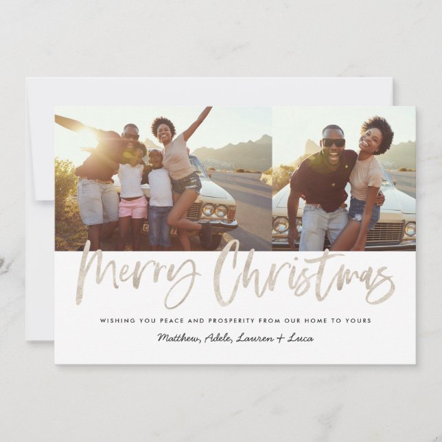Christmas multi photo modern silver script chic holiday card (Front)