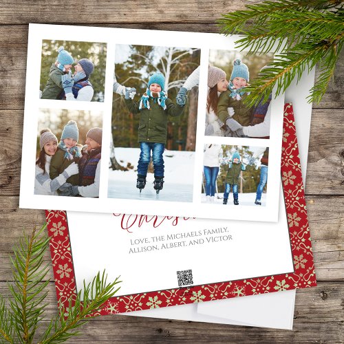 Christmas Multi Photo Red Green Snowflake  Holiday Card