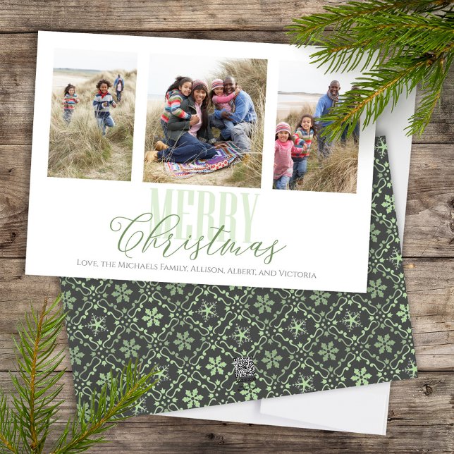 Christmas Multi Three Photo Green Snowflake  Holiday Card (Merry Christmas Calligraphy Script holiday multi photo card with elegant snowflake pattern)
