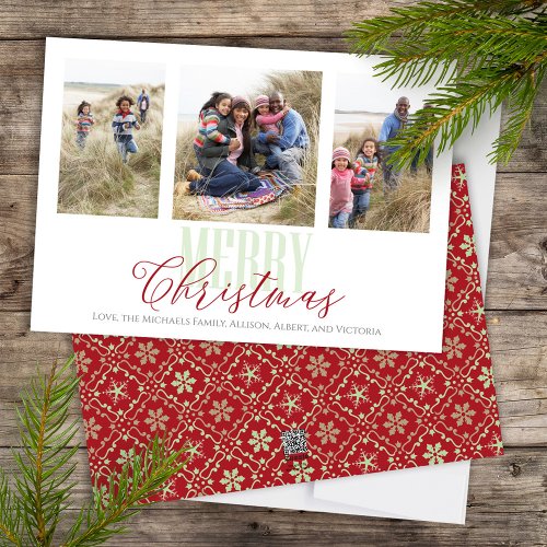 Christmas Multi Three Photo Red Green Snowflake Holiday Card