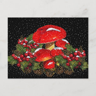 Christmas Mushroom, Toadstools, Snow, Holly Holiday Postcard