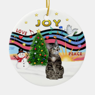 Christmas Music #1- Brown Tabby Tiger cat Ceramic Ornament