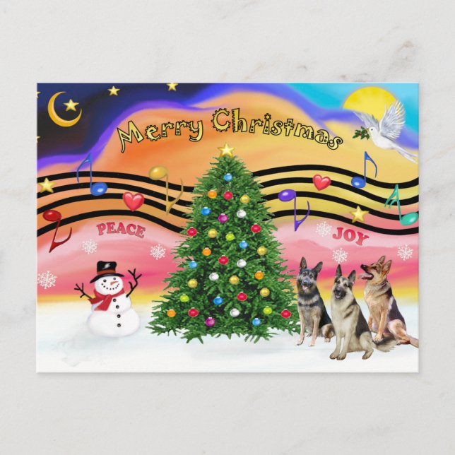 Christmas Music 2 - German Shepherds (three) Holiday Postcard (Front)