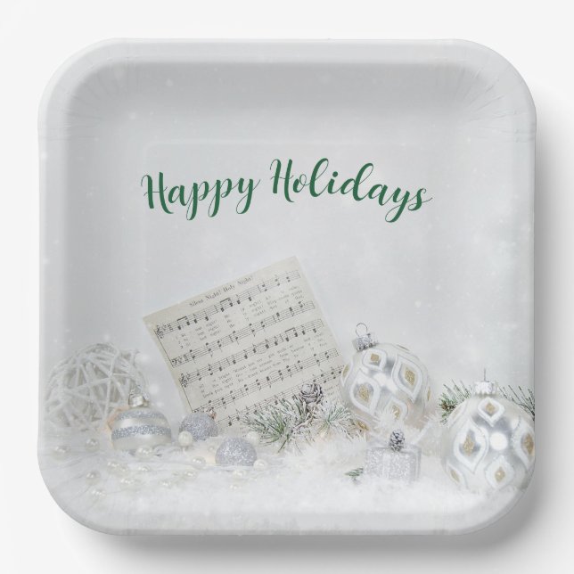 Christmas Music and Ornaments In Snow Paper Plates (Front)