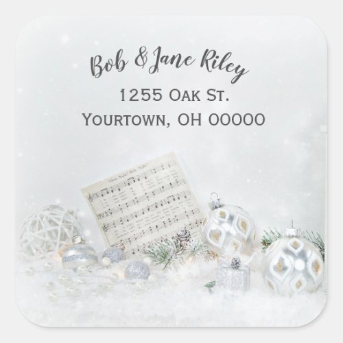 Christmas music and ornaments in sparkling snow square sticker
