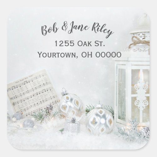Christmas music and ornaments in sparkling snow square sticker