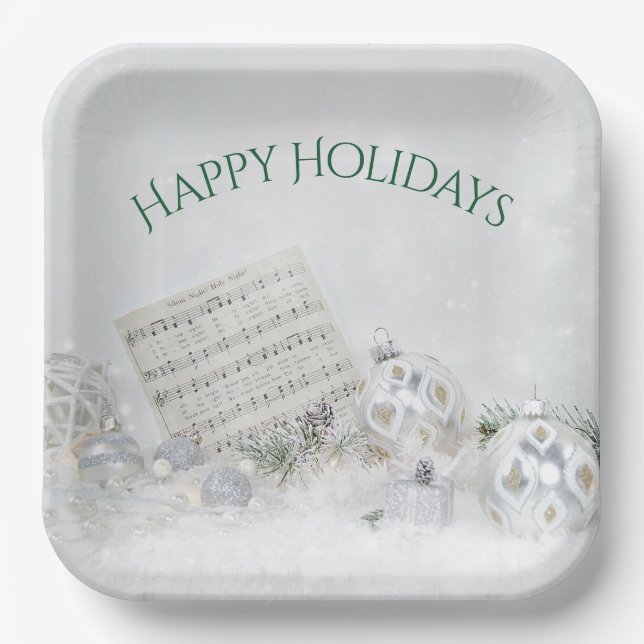Christmas Music And Silver Ornaments Paper Plates (Front)