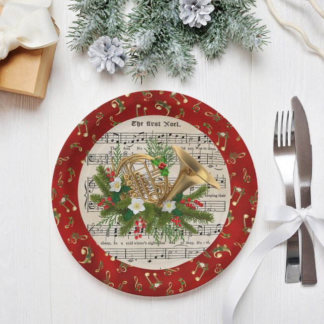 Christmas Music Notes French Horn Red Paper Plates (Creator Uploaded)