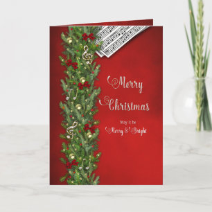 Christmas, Music Notes, Red, Pine Branch, Merry Card
