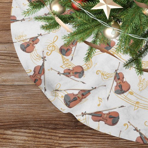 Christmas Music Notes Violins Gold Brushed Polyester Tree Skirt