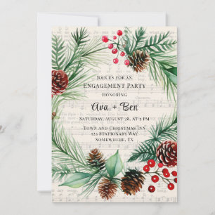 Christmas Music Red Berry Wreath Engagement Party Invitation