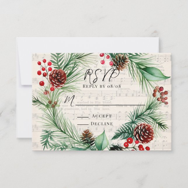 Christmas Music Red Berry Wreath Wedding RSVP Card (Front)