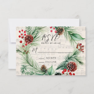 Christmas Music Red Berry Wreath Wedding RSVP Card