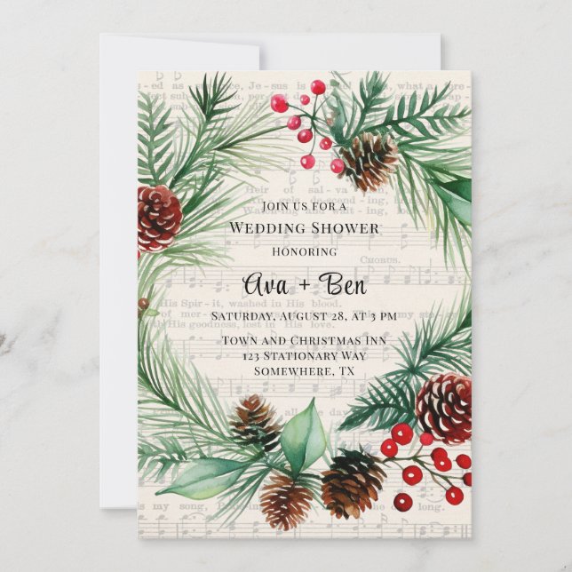 Christmas Music Red Berry Wreath Wedding Shower Invitation (Front)