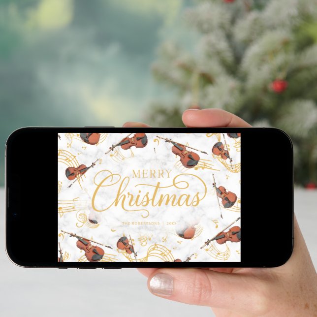 Christmas Music Violin Elegant Script Holiday Card (Front Digital)