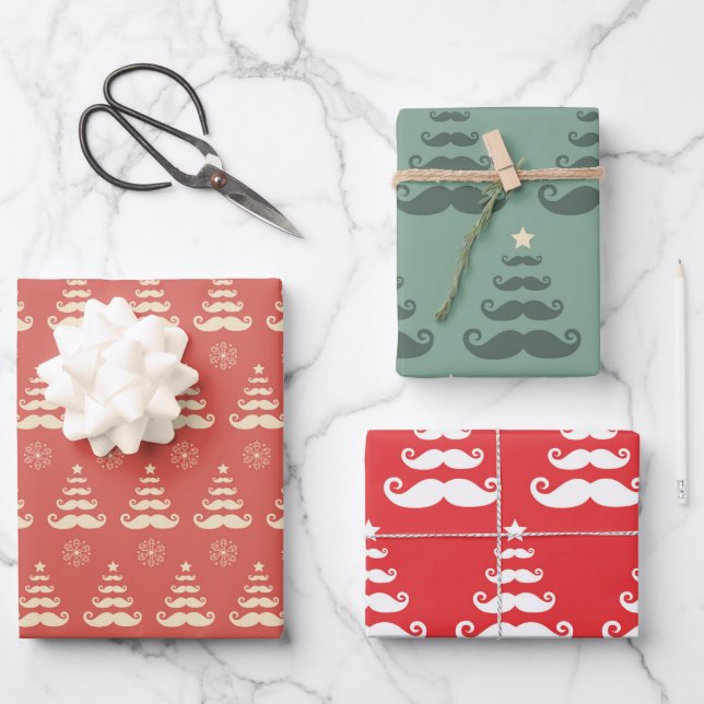 Christmas Mustache Trees Wrapping Paper Sheet (Front)
