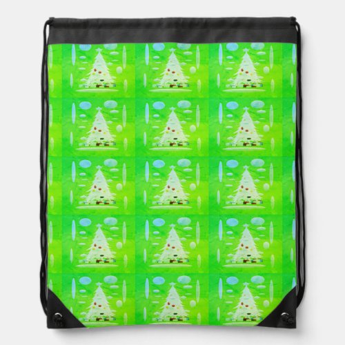 CHRISTMAS MUSTY GREEN WITH WHITE TREE DRAWSTRING BAG