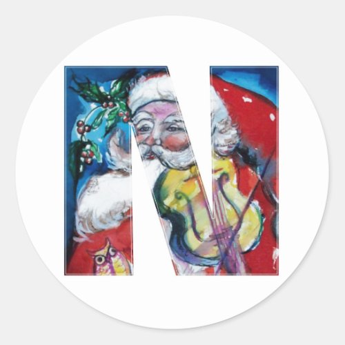 CHRISTMAS N LETTER   SANTA WITH VIOLIN MONOGRAM CLASSIC ROUND STICKER