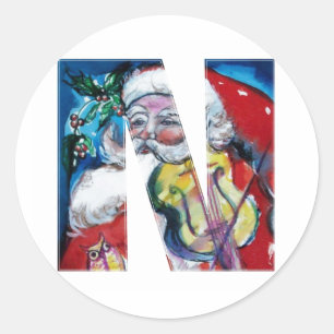 CHRISTMAS N LETTER / SANTA WITH VIOLIN MONOGRAM CLASSIC ROUND STICKER