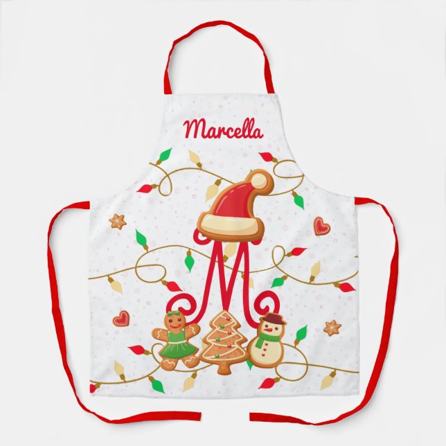 Christmas Name Monogram Custom Gingerbread Red Apron (Front)