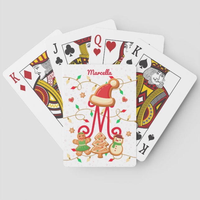 Christmas Name Monogram Custom Gingerbread Red Poker Cards (Back)