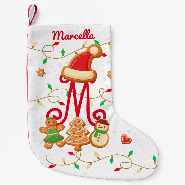 Christmas Name Monogram Custom Gingerbread Red Small Christmas Stocking (Front)